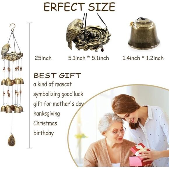 Bird Nest Wind Chimes,Wind Chimes for Outside with 12 Wind Bells for Glory - Picture 5 of 7